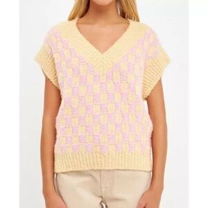 English Factory Pastel Yellow and Pink Checker V-Neck Sweater Vest
